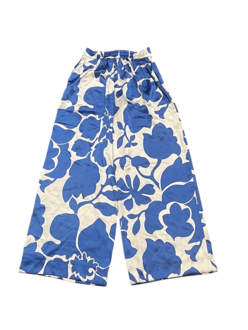 House of Harlow Blue White Wide Leg Satin Trouser Pants Size Large High Rise - Picture 3 of 7